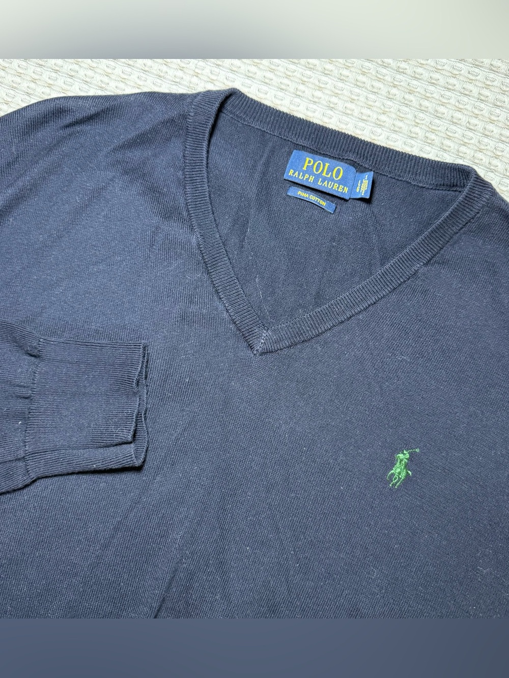 Polo Ralph Lauren Mens Size Large Navy Blue Pima Cotton Knit V-Neck Pony Sweater